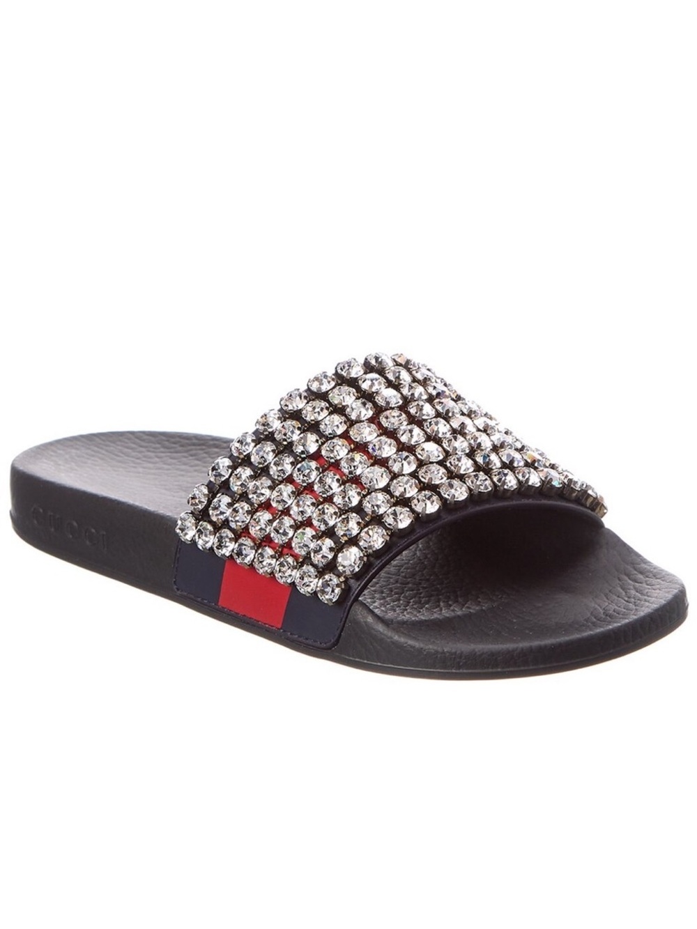 Gucci Black Slide Sandal with Crystal Embellishment and Red & Navy Stripe